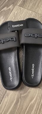 bebe Black Slide Sandals with Logo Strap